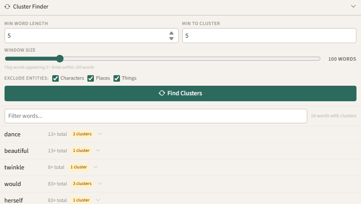 NovelNix Cluster Finder showing words that repeat within a sliding window of text.