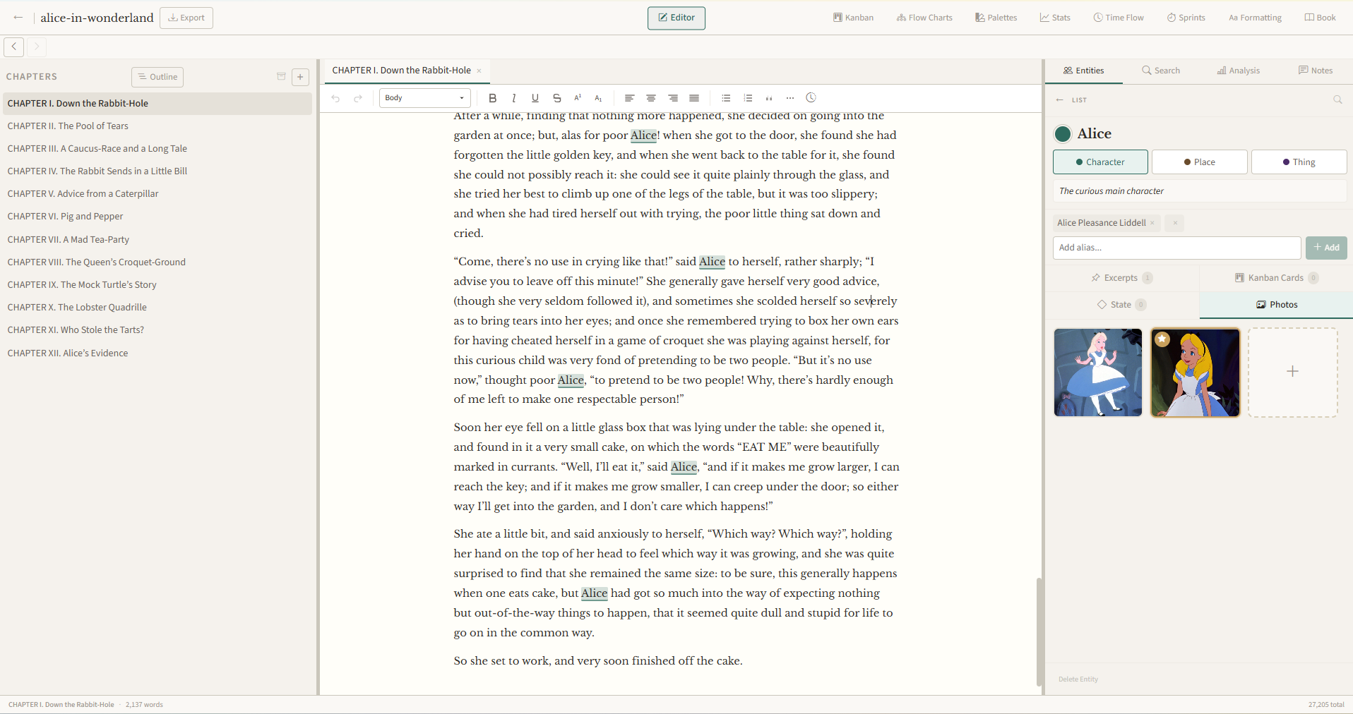 NovelNix editor showing a chapter open alongside the chapters sidebar and a character panel.