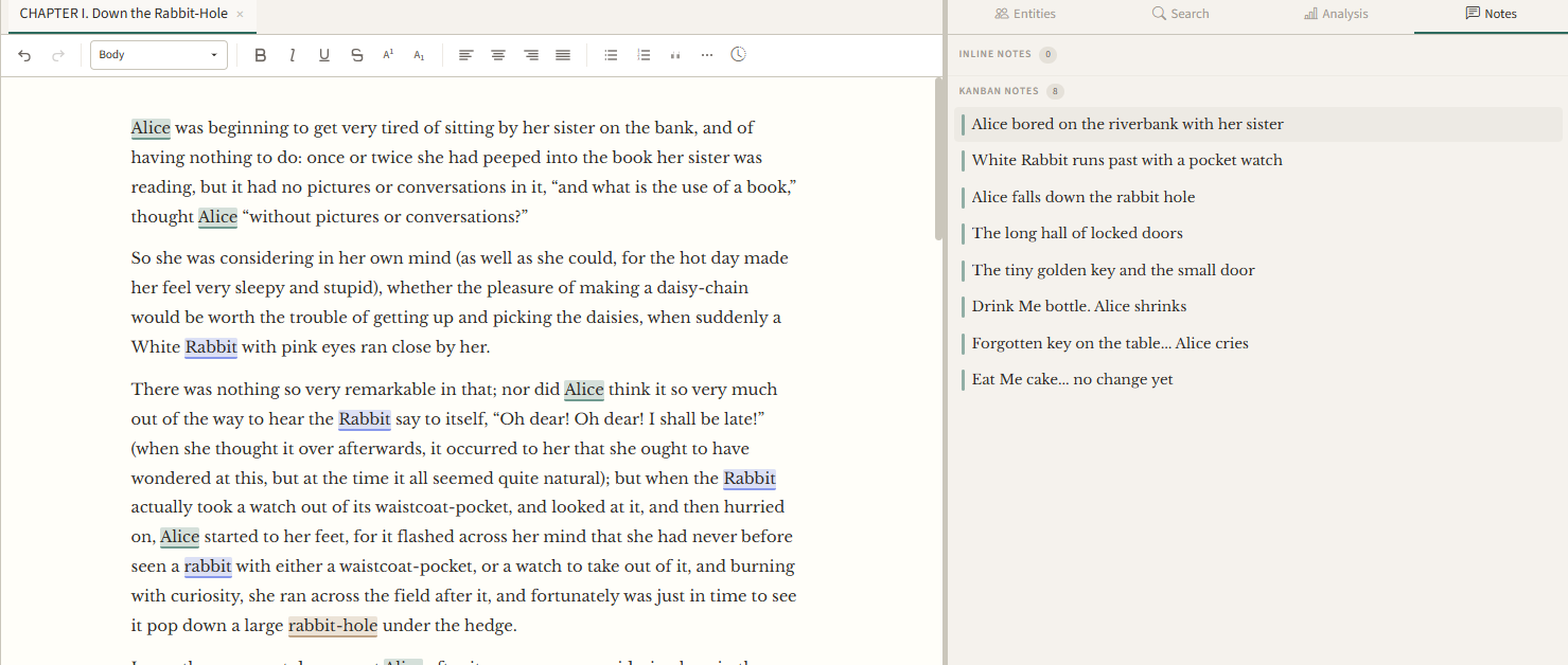NovelNix editor with the notes panel open beside a chapter, showing planning cards created on the Kanban board.