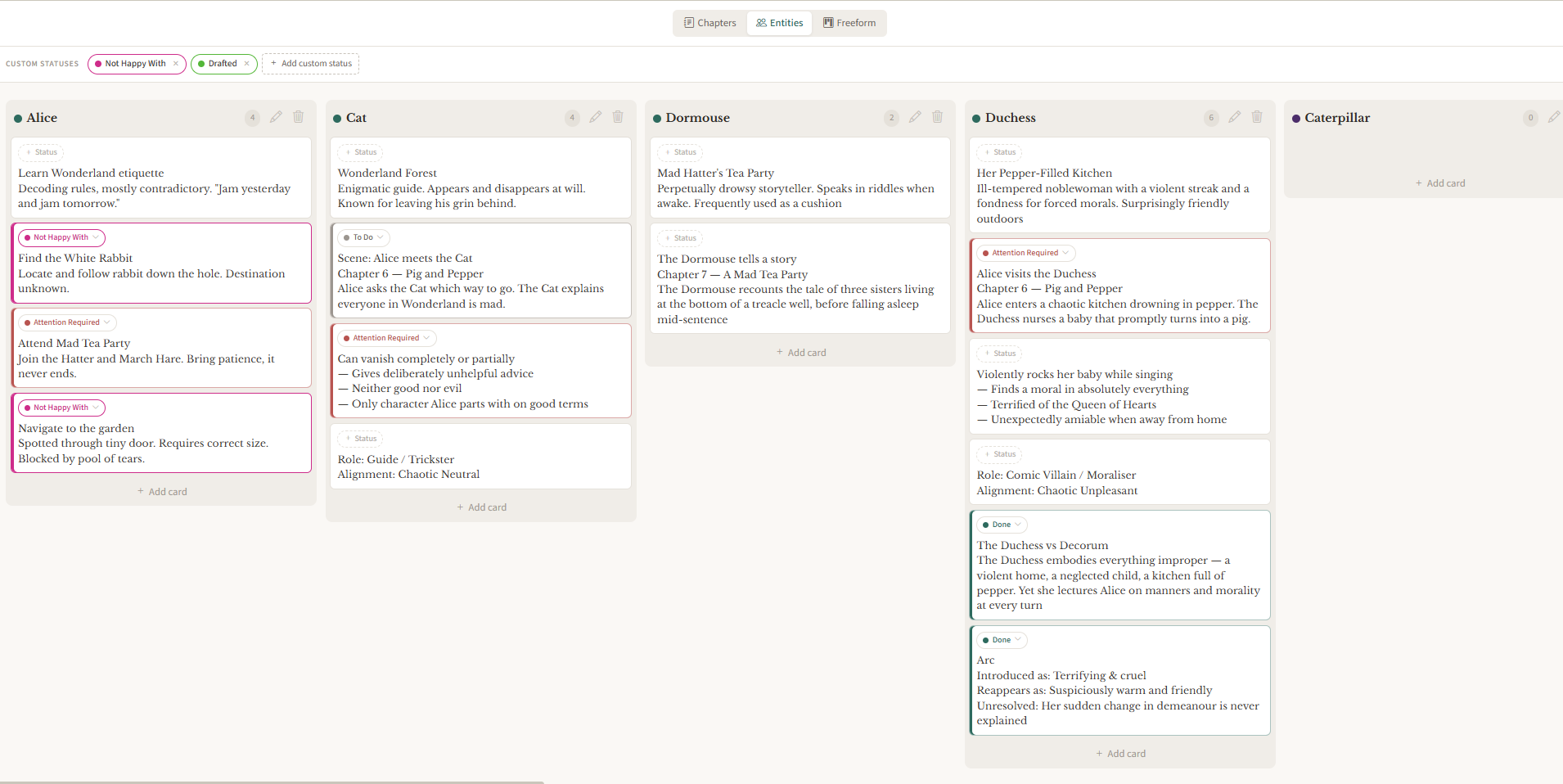 NovelNix Kanban board in Chapters mode — cards for scenes and beats organised into columns per chapter, with drag-and-drop reordering.