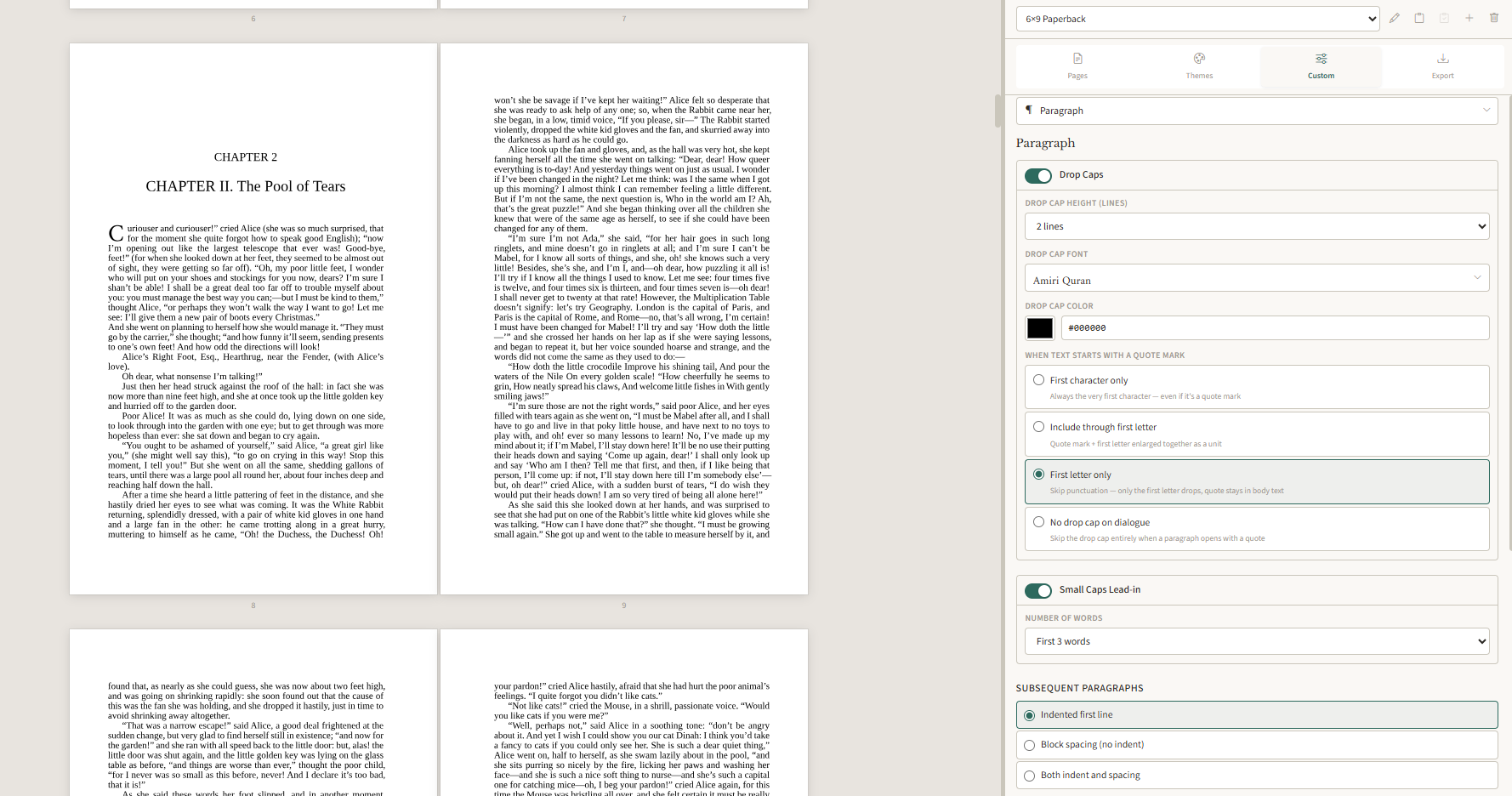 NovelNix print formatting editor showing a trade paperback layout with trim guides and the custom settings panel.