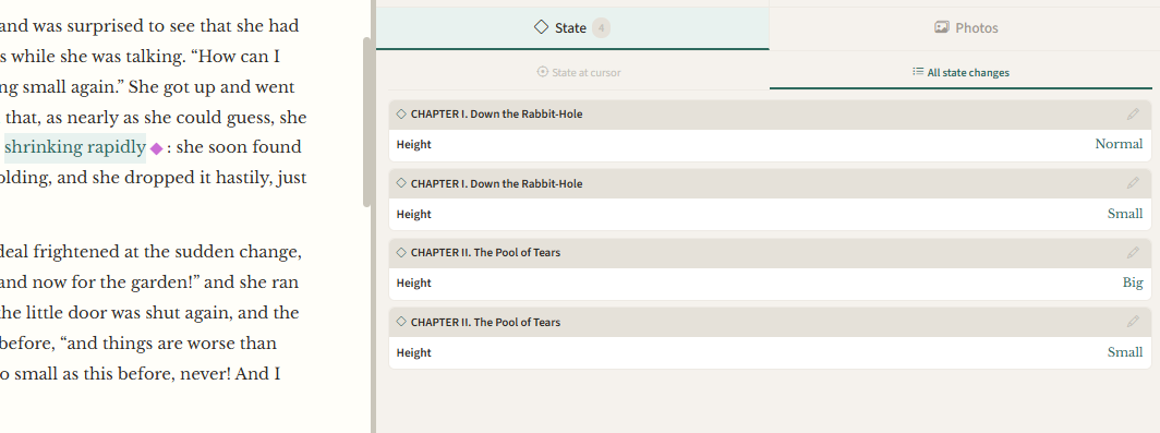 NovelNix entity state system — a ◆ checkpoint in the document with an entity card showing custom variables resolved at the cursor position.