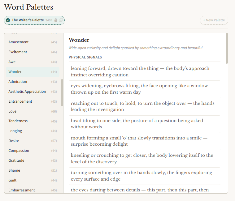 NovelNix Word Palettes view — a scrollable list of palettes on the left (Wonder selected), with phrasing prompts grouped by heading on the right.